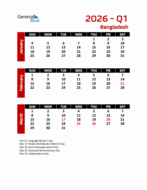 Q1 2026 Calendar with Holidays in Bangladesh