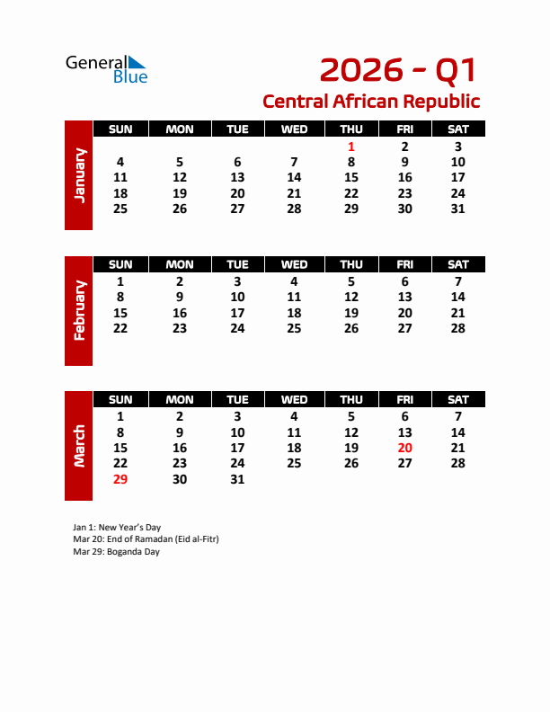 Q1 2026 Calendar with Holidays in Central African Republic