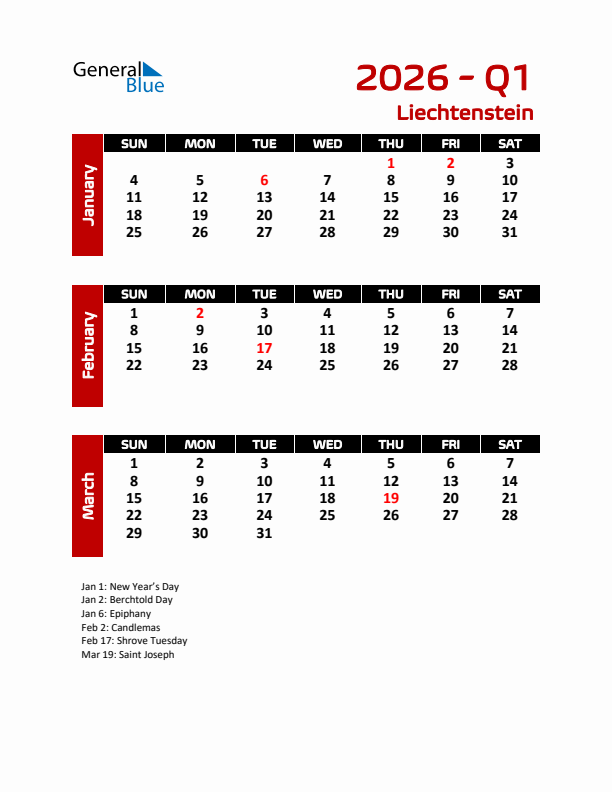 Q1 2026 Calendar with Holidays in Liechtenstein