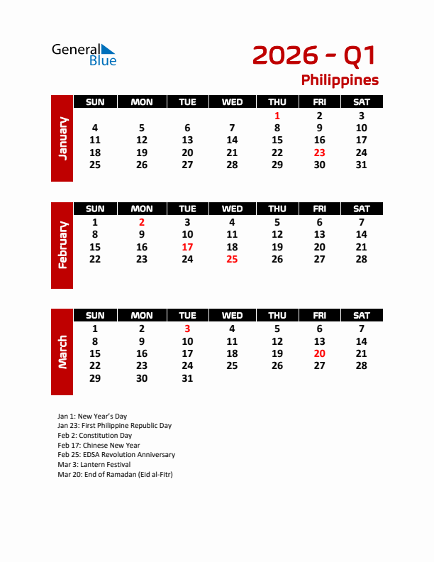 Q1 2026 Calendar with Holidays in Philippines