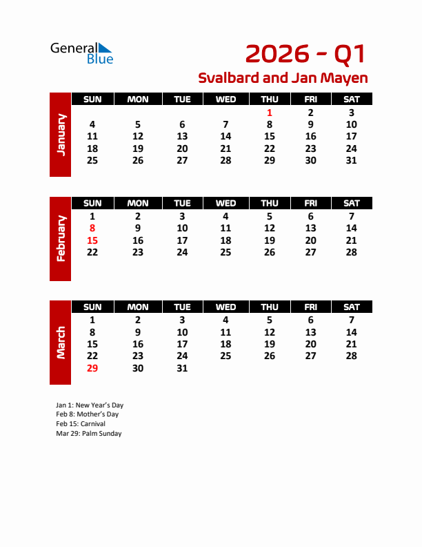 Q1 2026 Calendar with Holidays in Svalbard and Jan Mayen