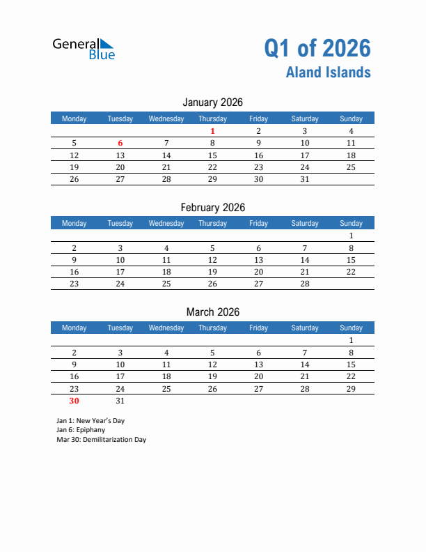 Aland Islands Q1 2026 Quarterly Calendar with Monday Start