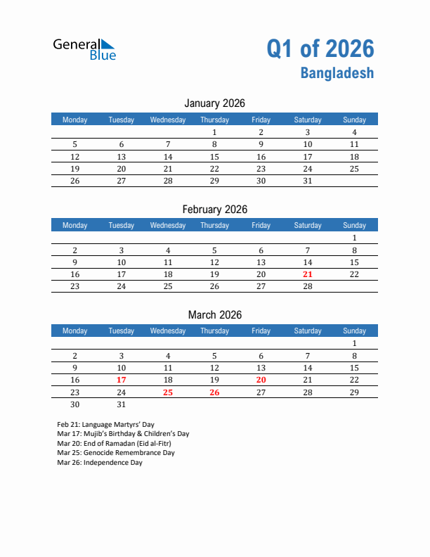 Bangladesh Q1 2026 Quarterly Calendar with Monday Start