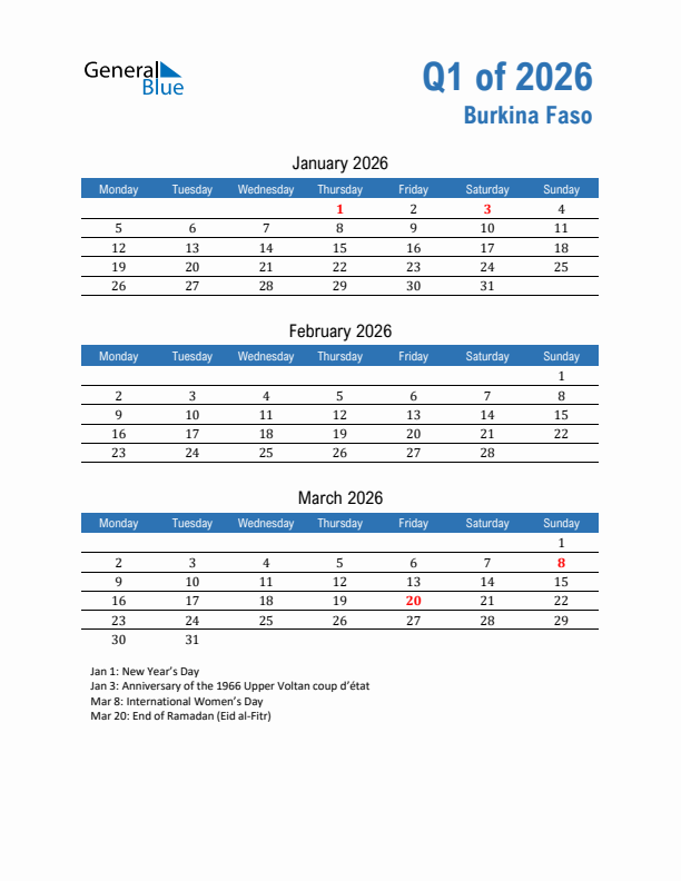 Burkina Faso Q1 2026 Quarterly Calendar with Monday Start