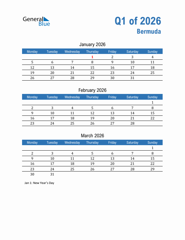 Bermuda Q1 2026 Quarterly Calendar with Monday Start