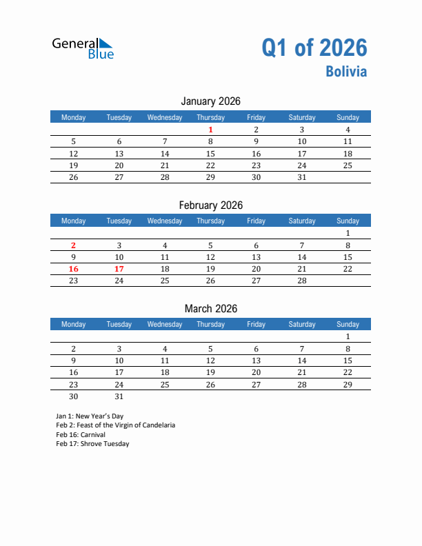 Bolivia Q1 2026 Quarterly Calendar with Monday Start