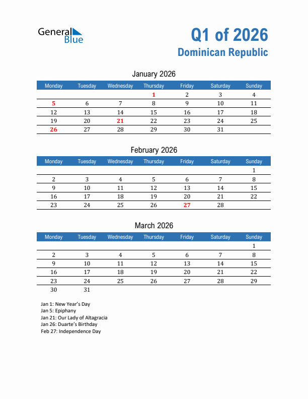 Dominican Republic Q1 2026 Quarterly Calendar with Monday Start