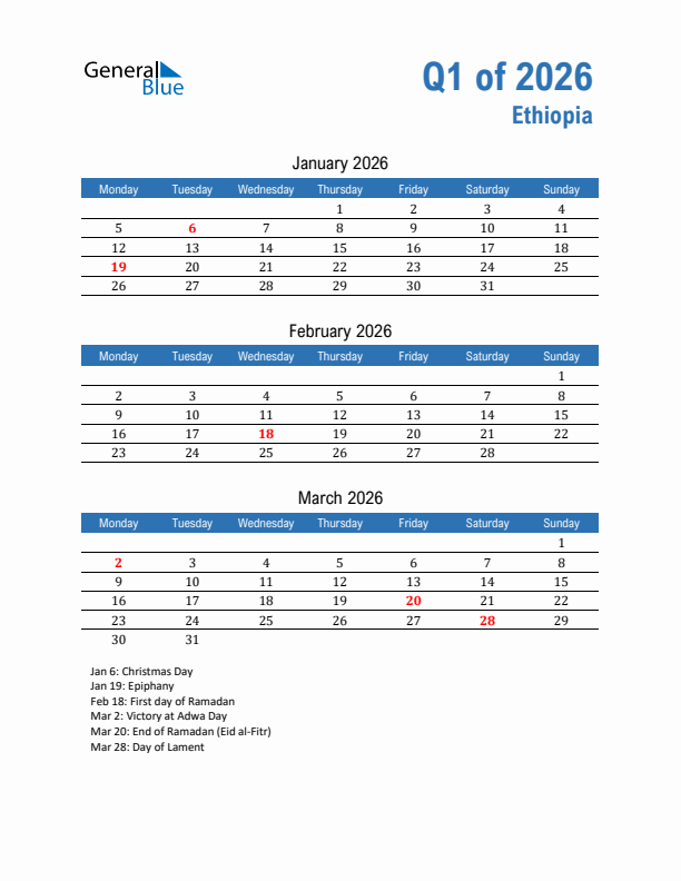 Ethiopia Q1 2026 Quarterly Calendar with Monday Start