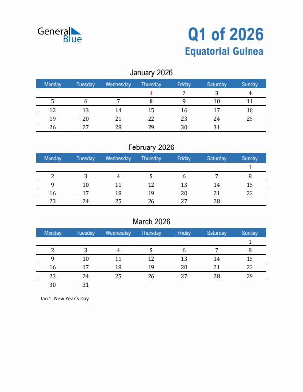 Equatorial Guinea Q1 2026 Quarterly Calendar with Monday Start