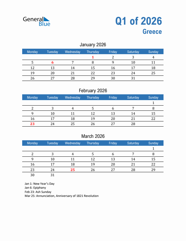 Greece Q1 2026 Quarterly Calendar with Monday Start