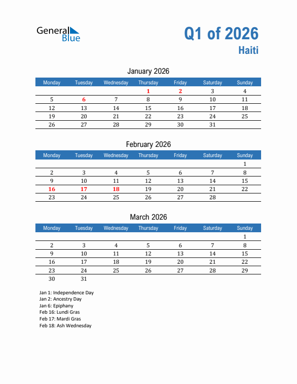 Haiti Q1 2026 Quarterly Calendar with Monday Start