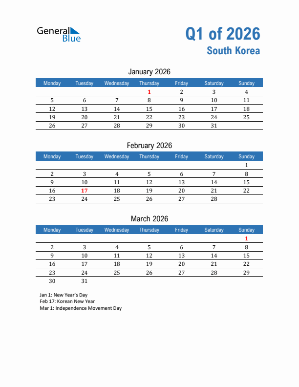 South Korea Q1 2026 Quarterly Calendar with Monday Start