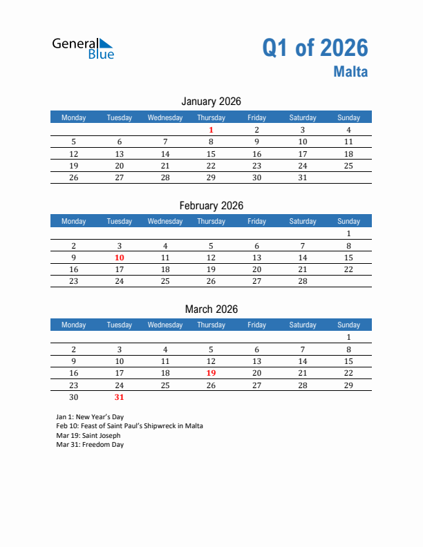 Malta Q1 2026 Quarterly Calendar with Monday Start