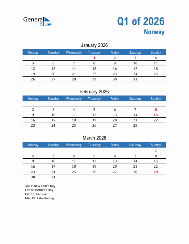 Norway Q1 2026 Quarterly Calendar with Monday Start