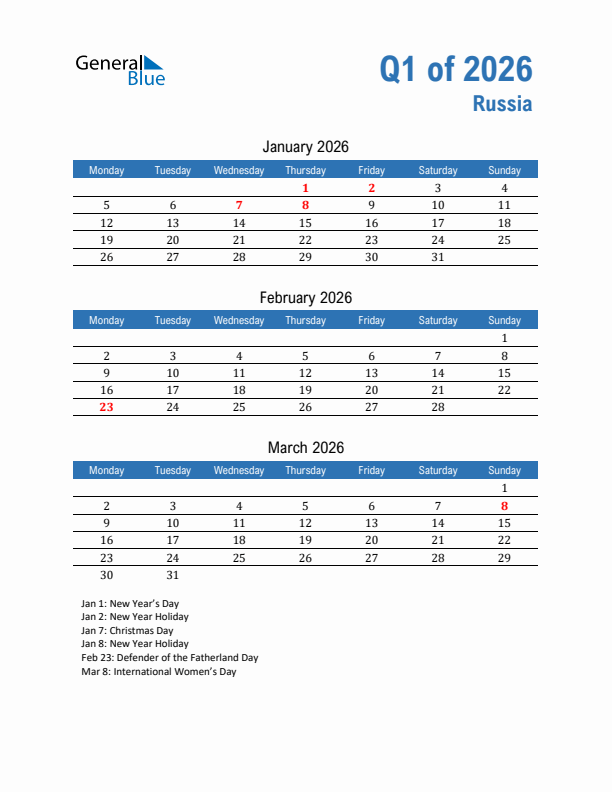 Russia Q1 2026 Quarterly Calendar with Monday Start