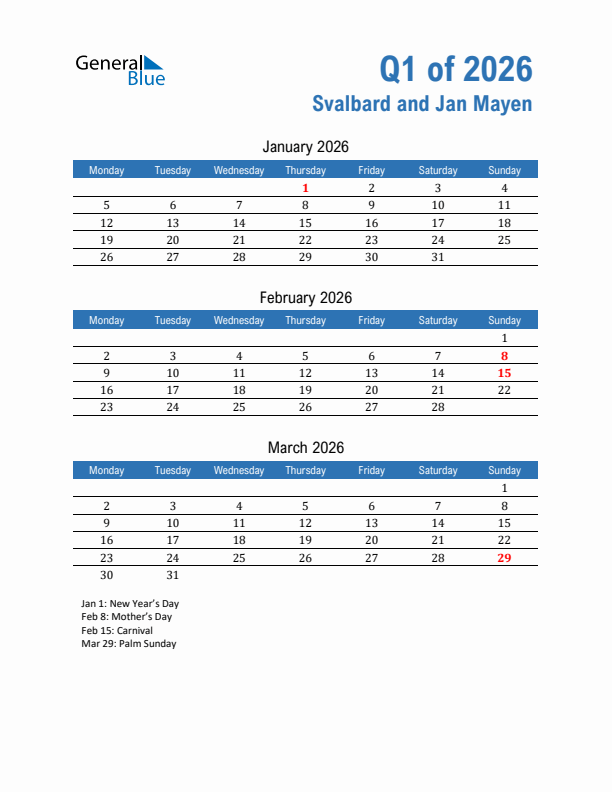 Svalbard and Jan Mayen Q1 2026 Quarterly Calendar with Monday Start