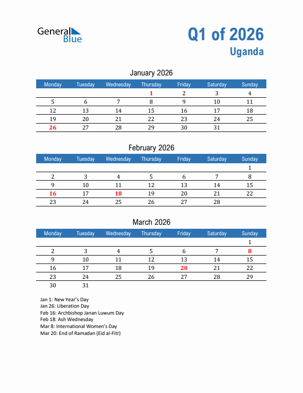 Uganda Q1 2026 Quarterly Calendar with Monday Start