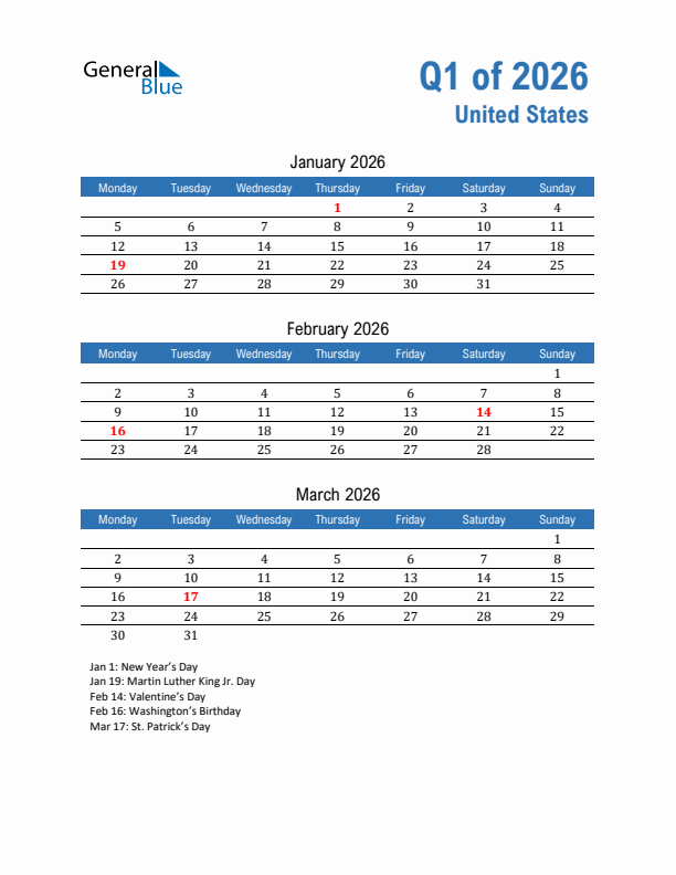 United States Q1 2026 Quarterly Calendar with Monday Start