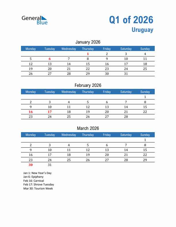 Uruguay Q1 2026 Quarterly Calendar with Monday Start