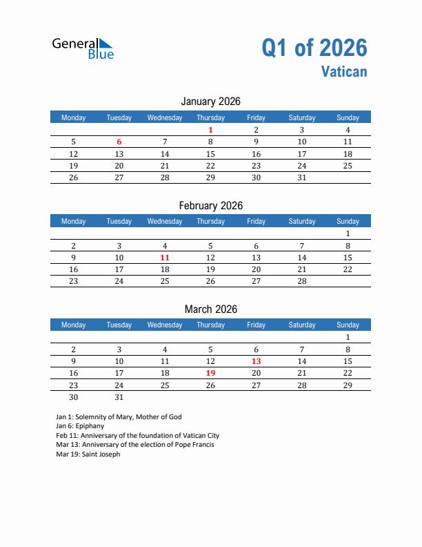 Vatican Q1 2026 Quarterly Calendar with Monday Start