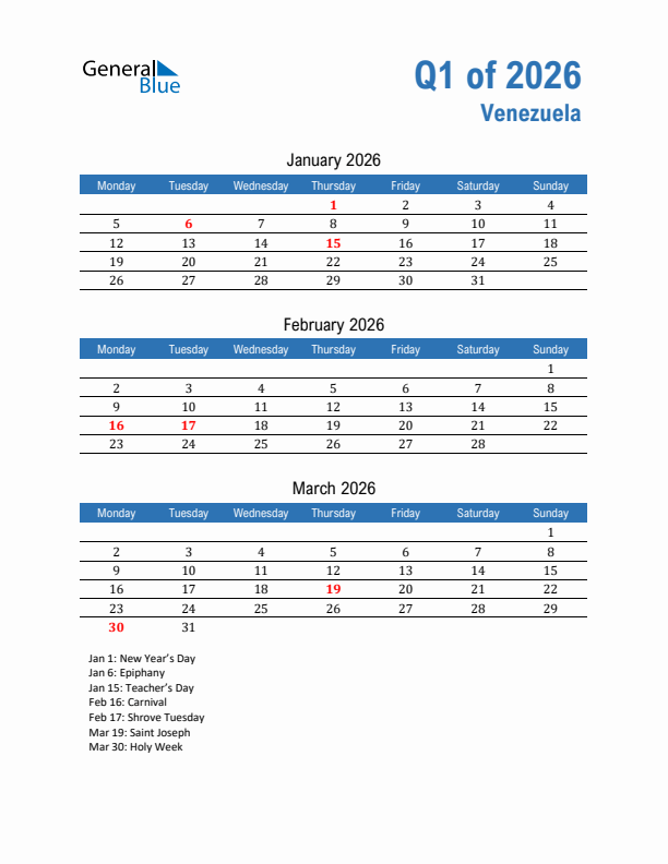 Venezuela Q1 2026 Quarterly Calendar with Monday Start