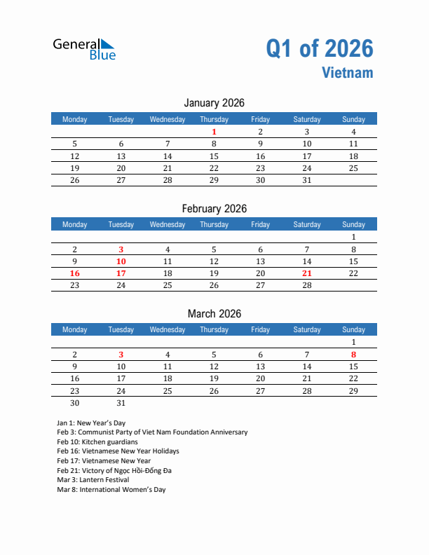 Vietnam Q1 2026 Quarterly Calendar with Monday Start