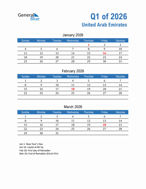 United Arab Emirates Q1 2026 Quarterly Calendar with Sunday Start