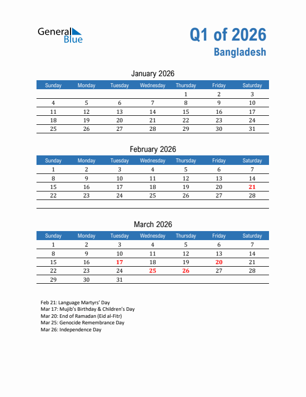 Bangladesh Q1 2026 Quarterly Calendar with Sunday Start