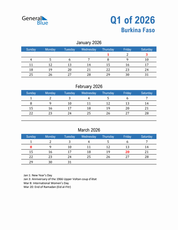 Burkina Faso Q1 2026 Quarterly Calendar with Sunday Start