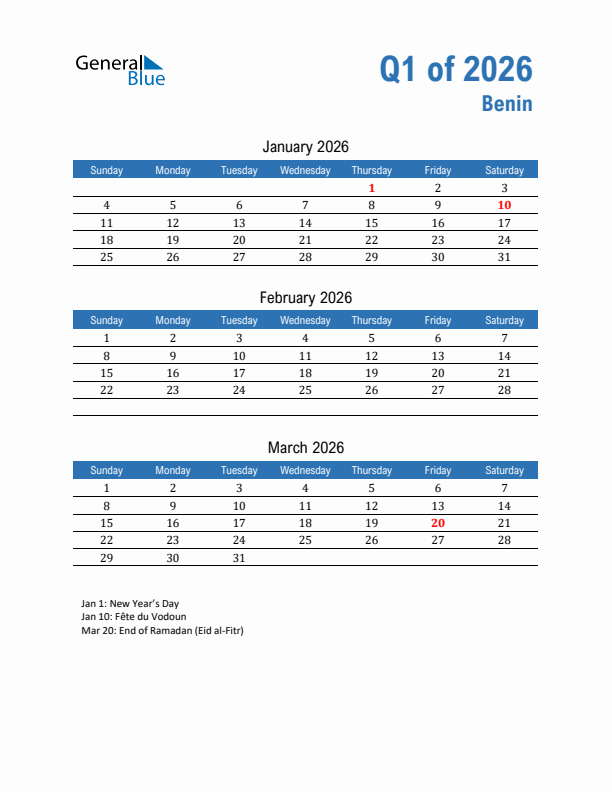 Benin Q1 2026 Quarterly Calendar with Sunday Start