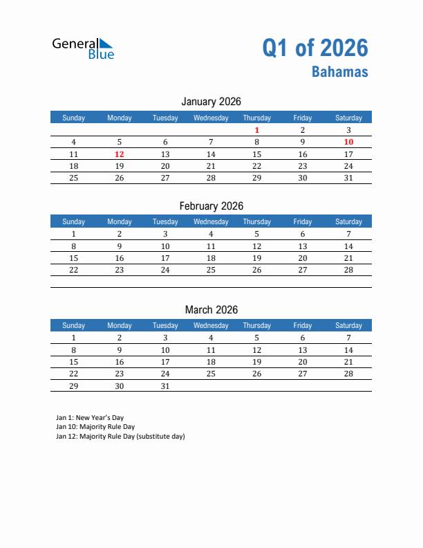 Bahamas Q1 2026 Quarterly Calendar with Sunday Start