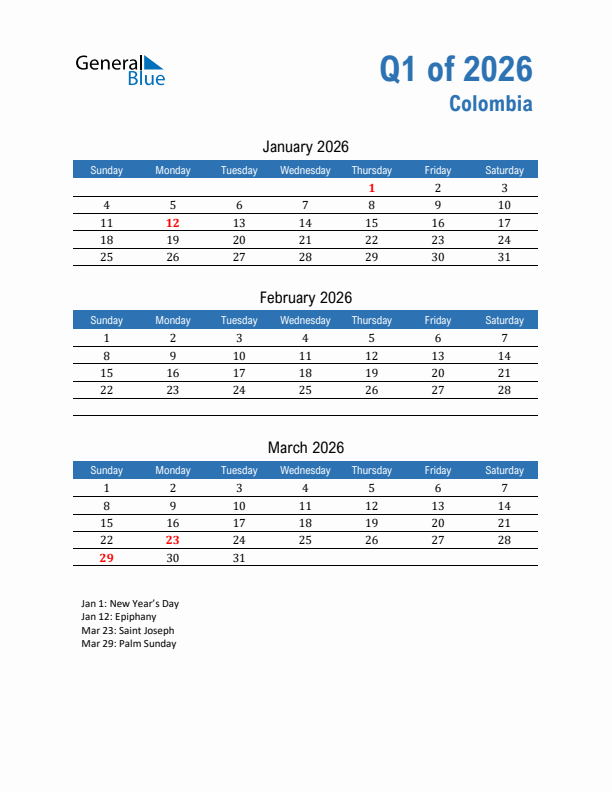 Colombia Q1 2026 Quarterly Calendar with Sunday Start