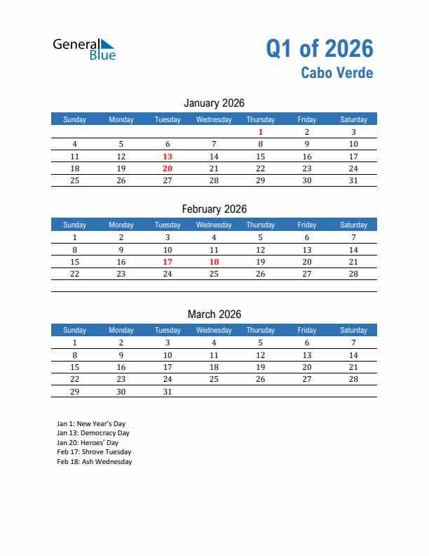 Cabo Verde Q1 2026 Quarterly Calendar with Sunday Start