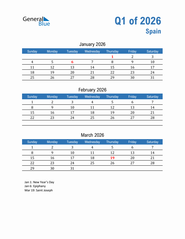 Spain Q1 2026 Quarterly Calendar with Sunday Start