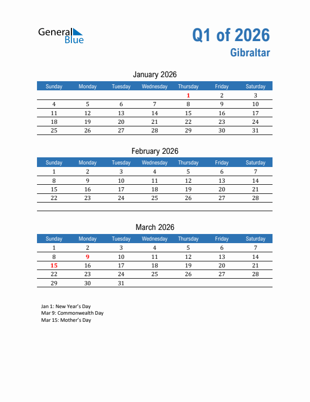 Gibraltar Q1 2026 Quarterly Calendar with Sunday Start