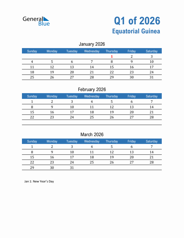 Equatorial Guinea Q1 2026 Quarterly Calendar with Sunday Start