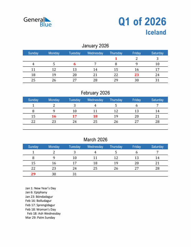 Iceland Q1 2026 Quarterly Calendar with Sunday Start