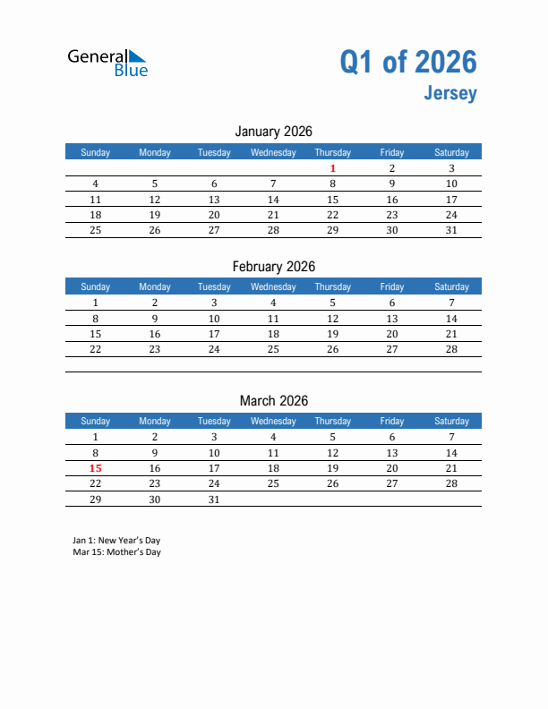 Jersey Q1 2026 Quarterly Calendar with Sunday Start