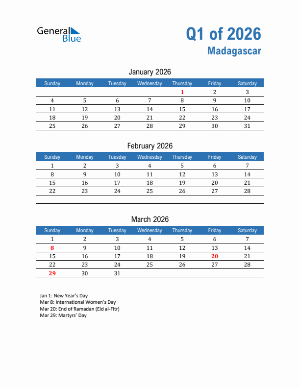 Madagascar Q1 2026 Quarterly Calendar with Sunday Start