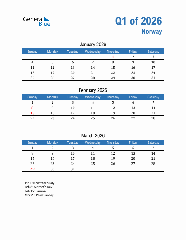 Norway Q1 2026 Quarterly Calendar with Sunday Start