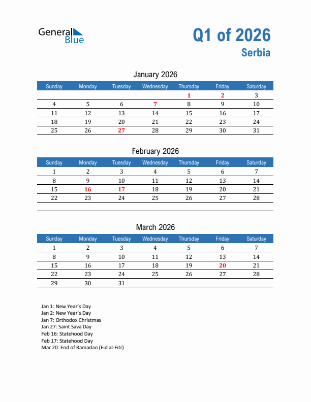 Serbia Q1 2026 Quarterly Calendar with Sunday Start