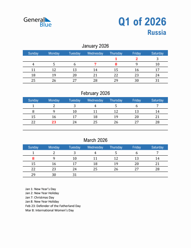 Russia Q1 2026 Quarterly Calendar with Sunday Start