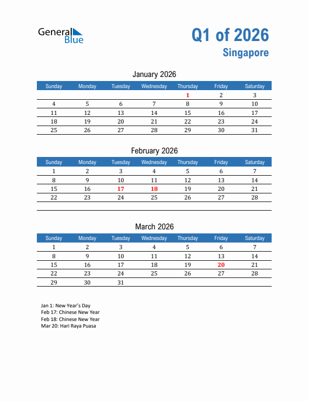 Singapore Q1 2026 Quarterly Calendar with Sunday Start