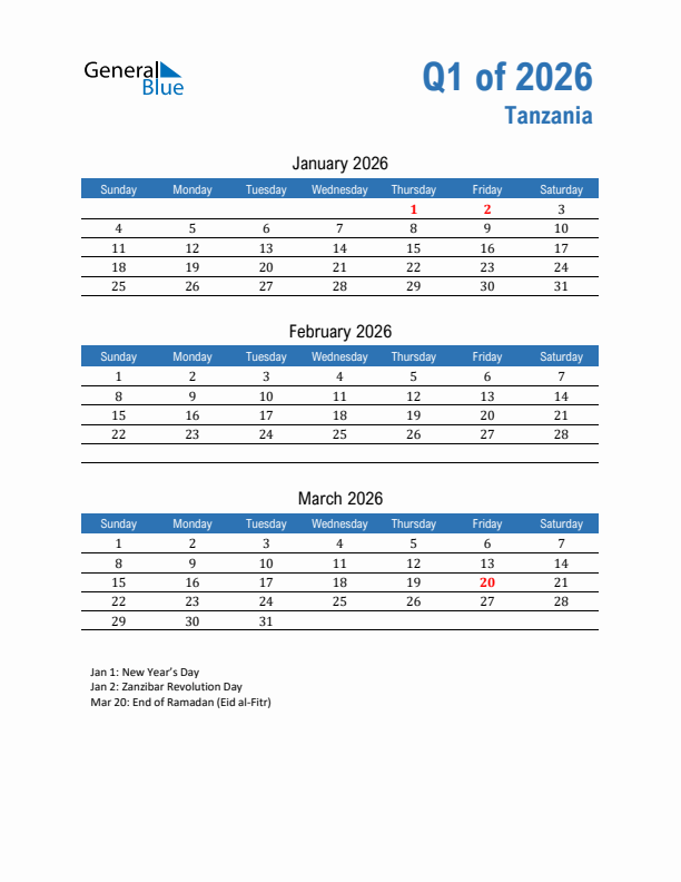 Tanzania Q1 2026 Quarterly Calendar with Sunday Start