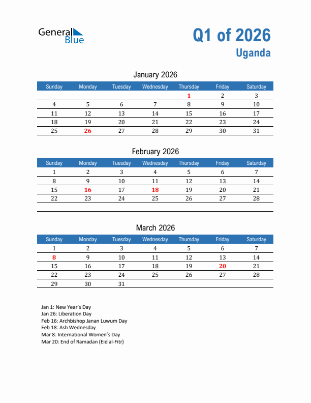 Uganda Q1 2026 Quarterly Calendar with Sunday Start