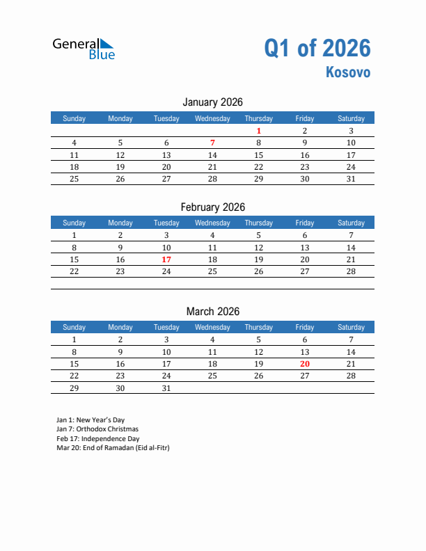 Kosovo Q1 2026 Quarterly Calendar with Sunday Start