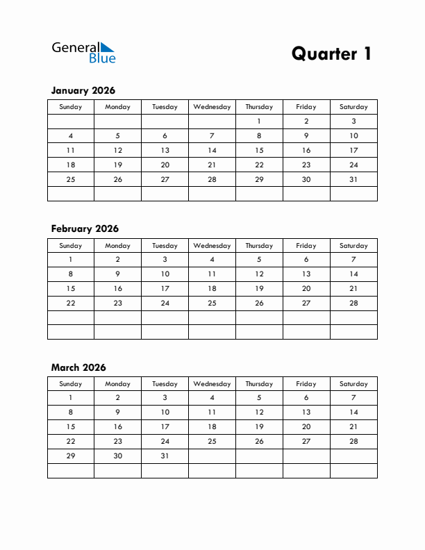 Quarter 1 2026 Calendar - Sunday Start