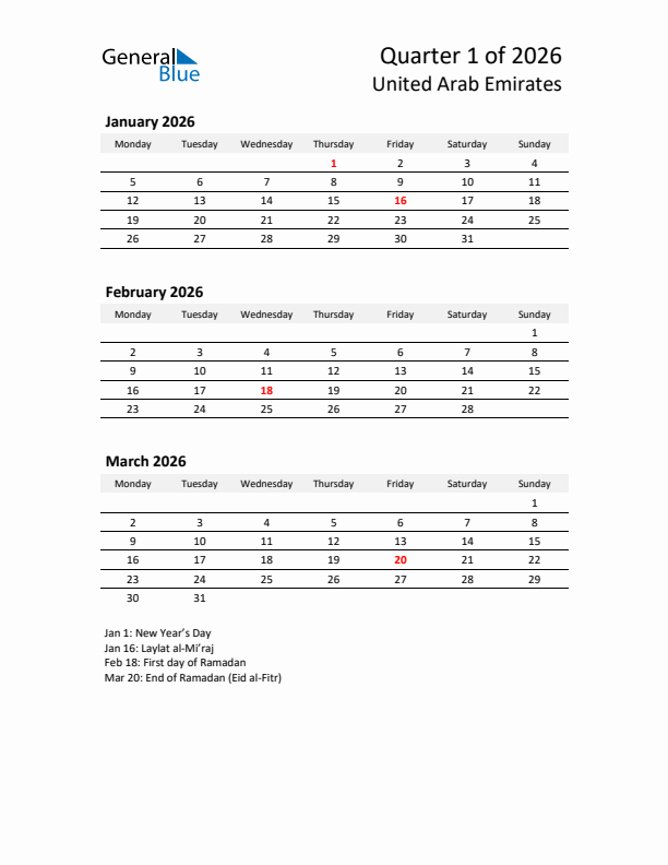 2026 Q1 Three-Month Calendar for United Arab Emirates