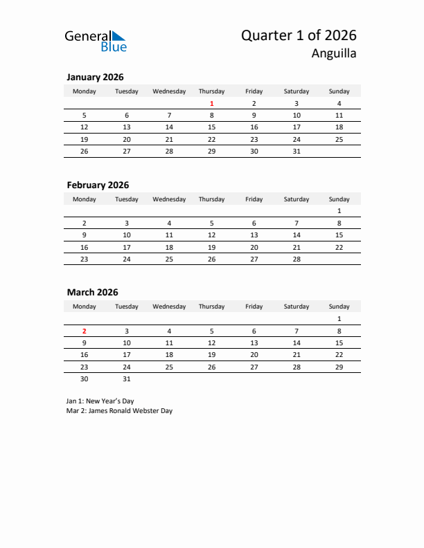 2026 Q1 Three-Month Calendar for Anguilla