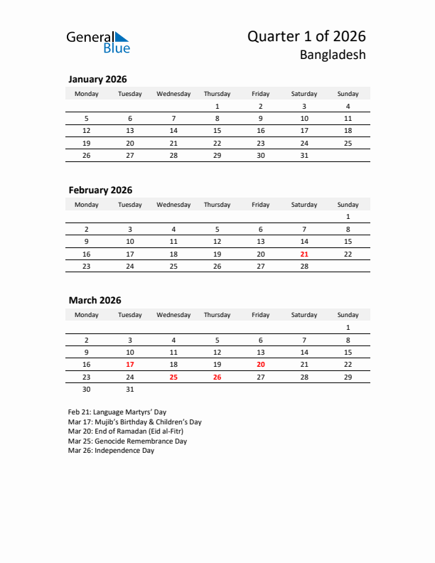 2026 Q1 Three-Month Calendar for Bangladesh